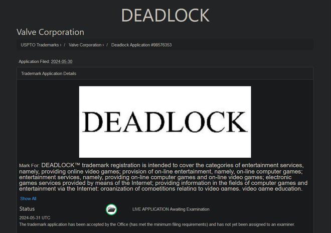 V社已为新必一体育作《Deadlock》申请商标(图1)